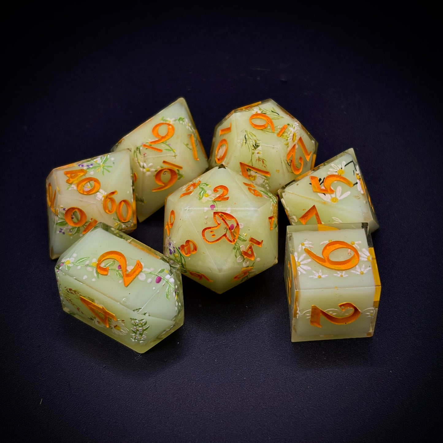Awakened Spring (7 piece polyhedral hand made dice set)