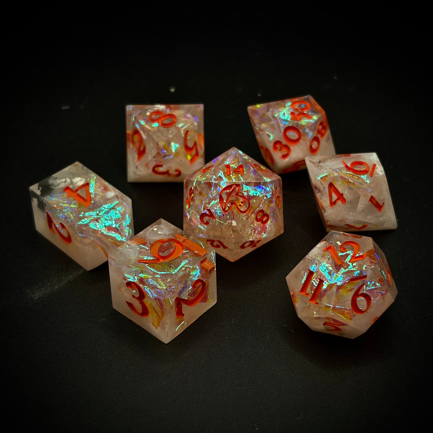 Burning Opal (7 piece polyhedral hand made dice set)