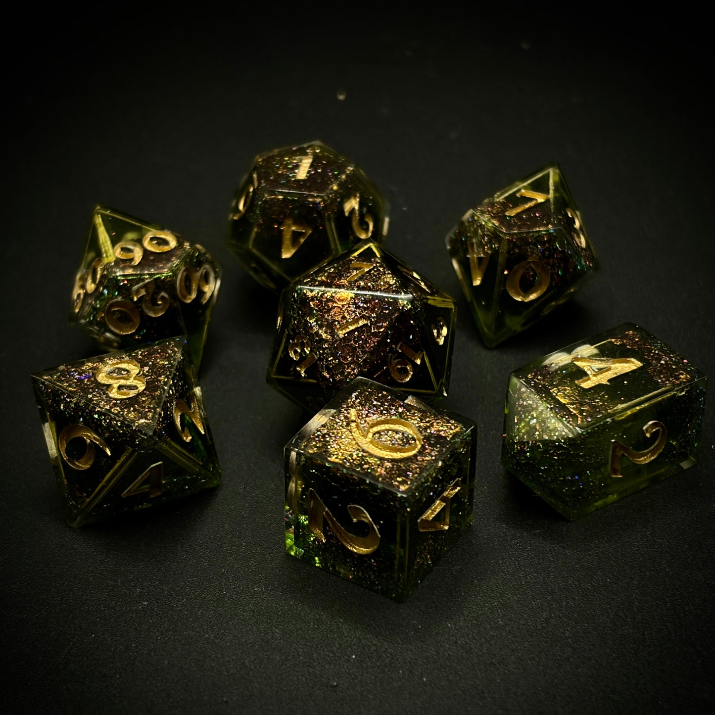 Emerald Dragon Hoard (7 piece polyhedral hand made dice set)
