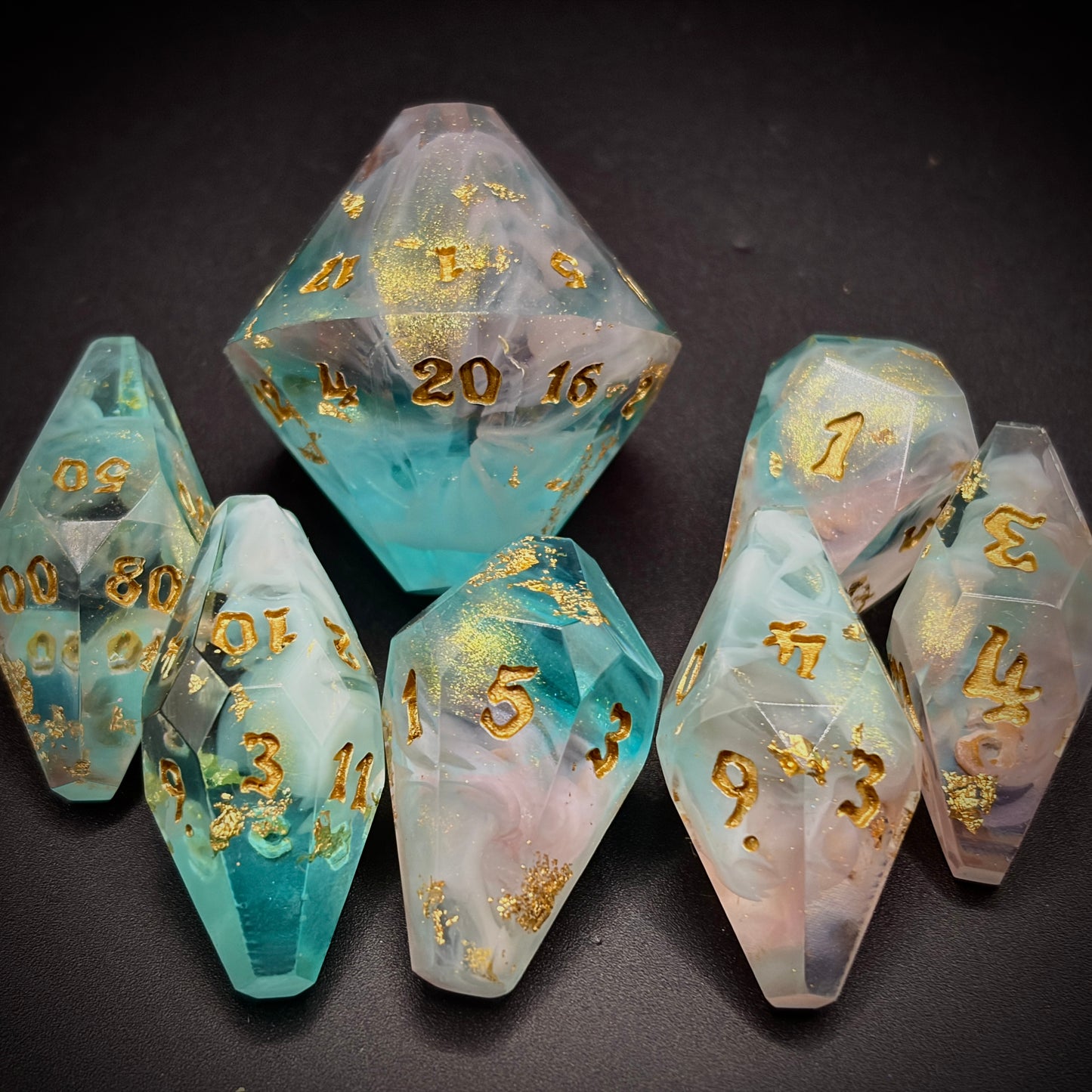 Glimmering Gemstones (7 piece coffin style hand made dice set)